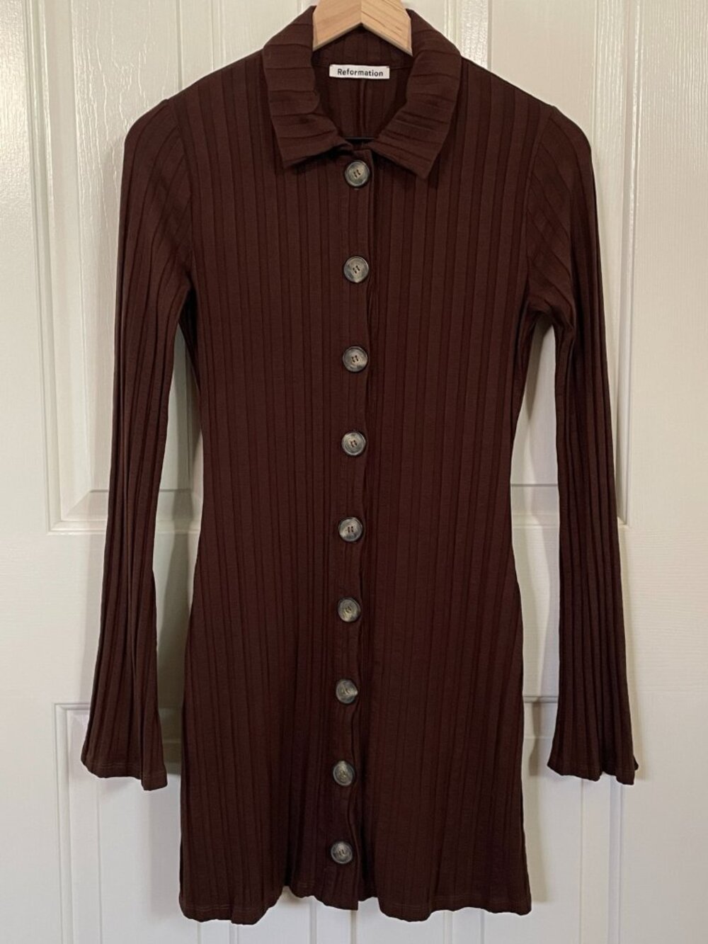 Reformation Benton Small Cafe Brown Ribbed Button Front Mini Dress